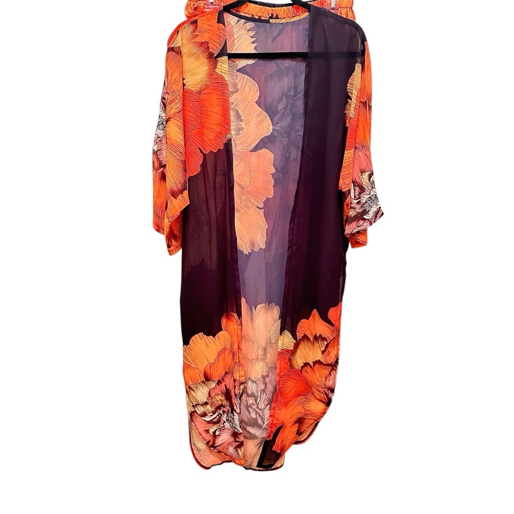 Sheer Black Floral Front Opening Kimono and Pant Set